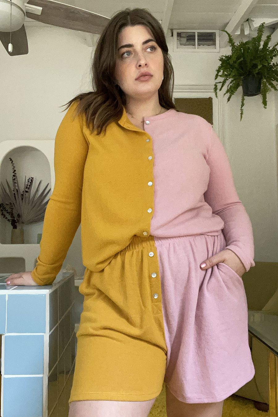 DONNI. Duo Sweater Henley Short - Mustard/Rose | The Lobby