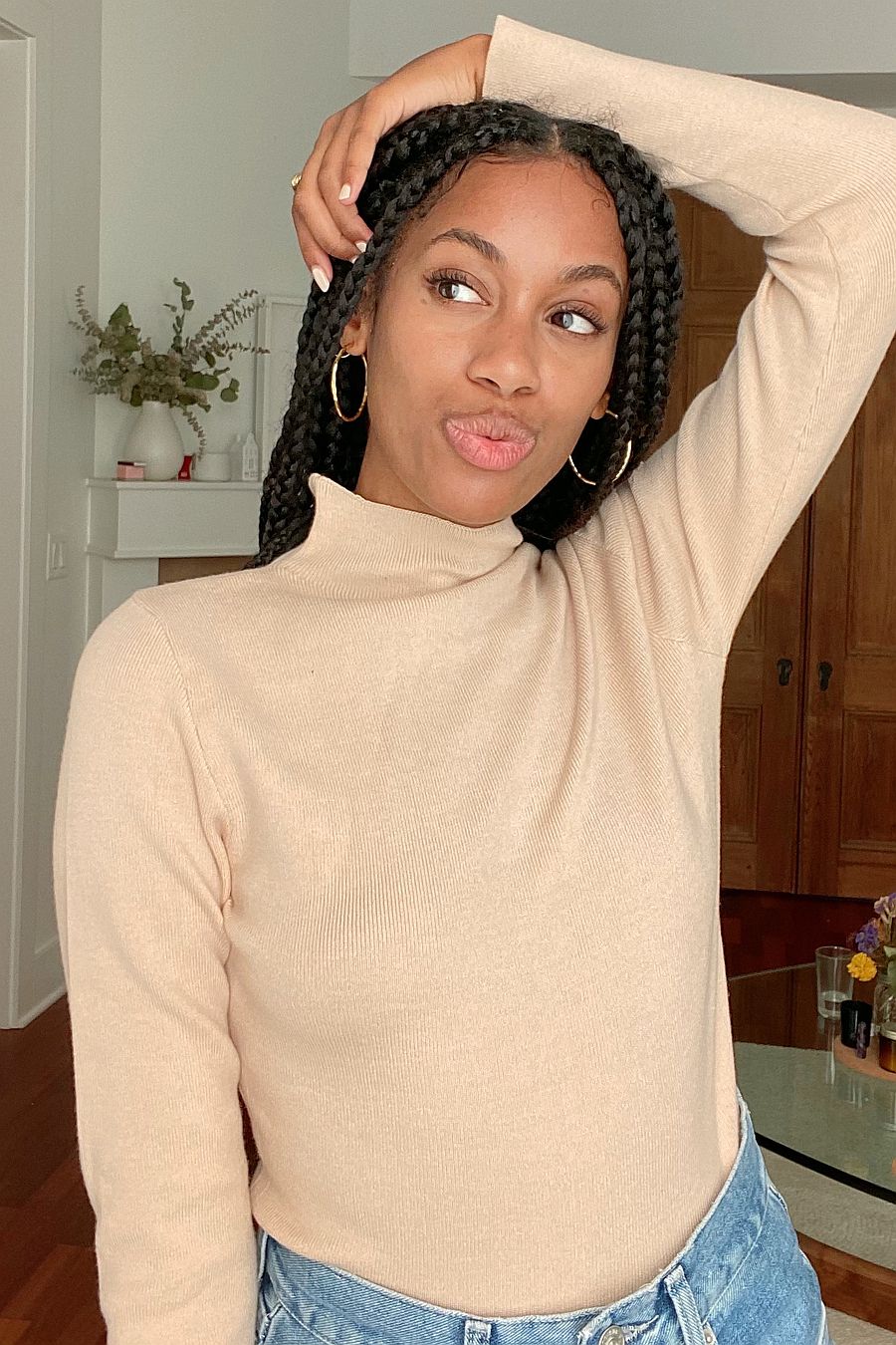 MOON RIVER Button-Back Turtleneck Top 
